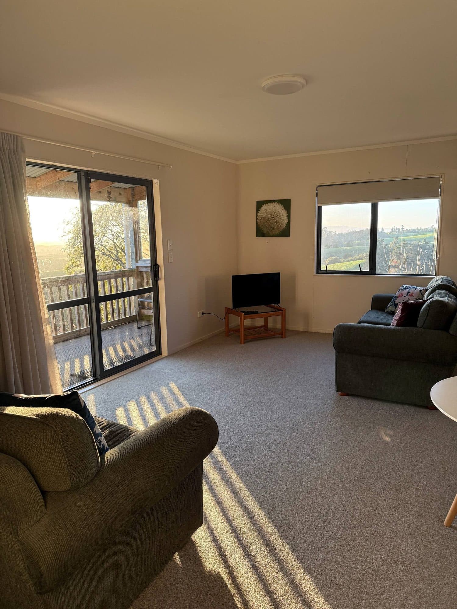 Sunny living room with a sofa and a rural outlook